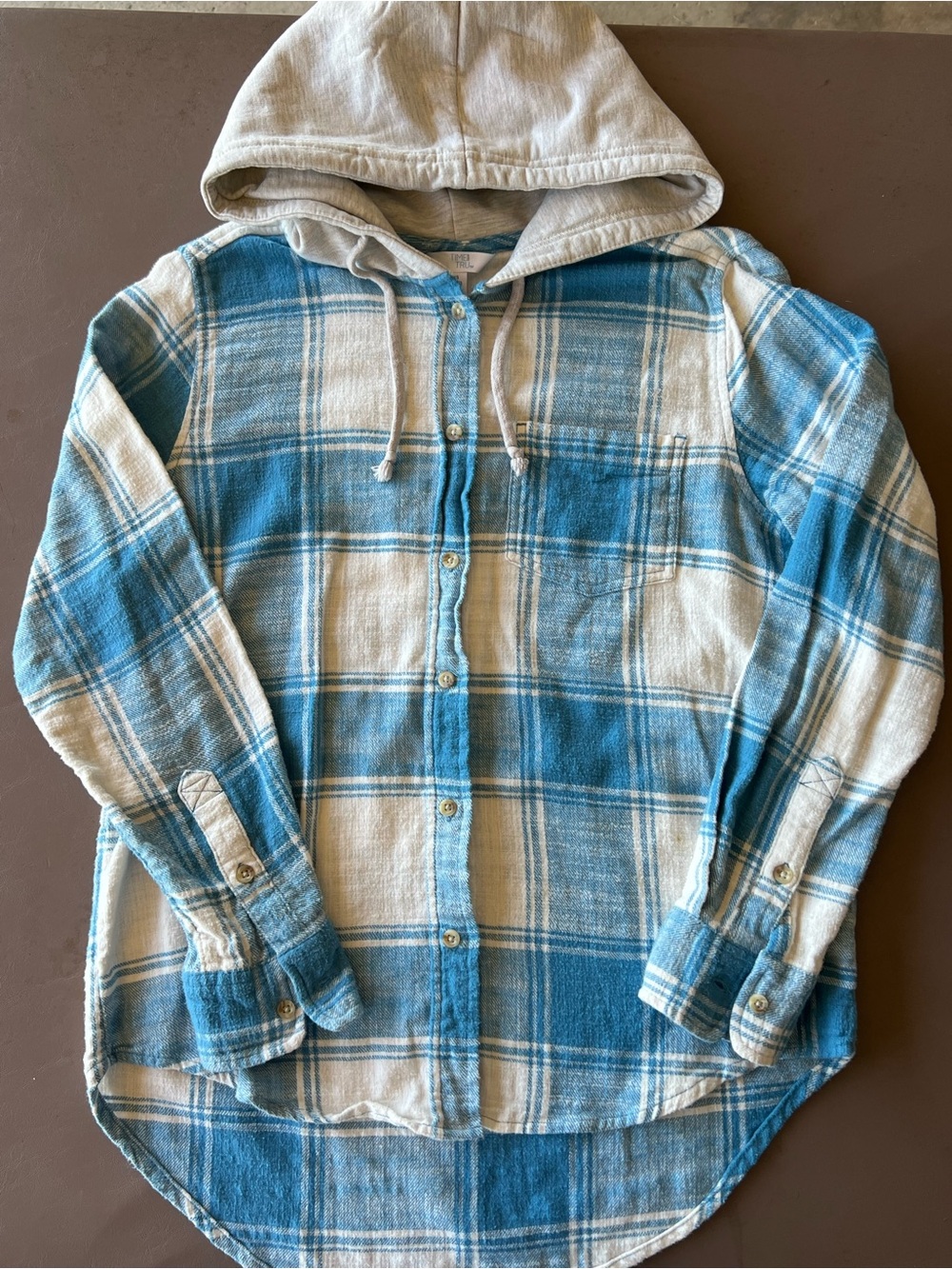 Button-Front Plaid Hooded Shirt - Blue Cream